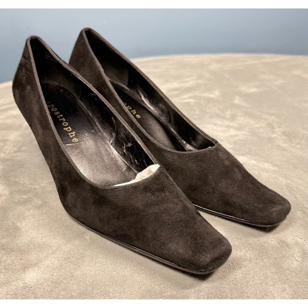 Apostrophe Womens Pumps 7.5 M Black Suede Square Toe Kitten Heel